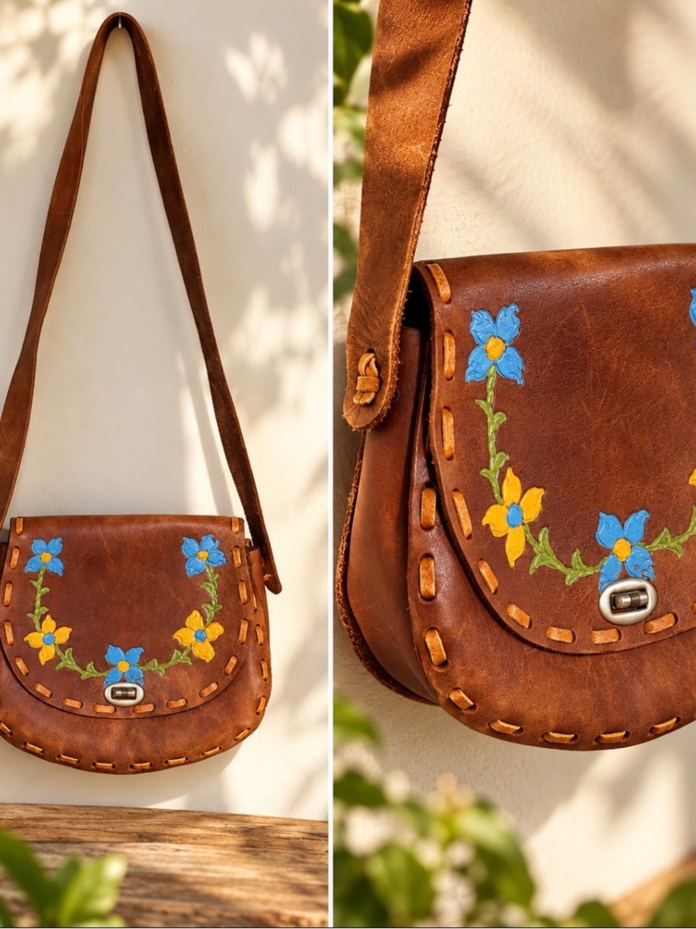 RARE FIND! VINTAGE Genuine Leather Floral Handbag with Blue & Yellow Accents